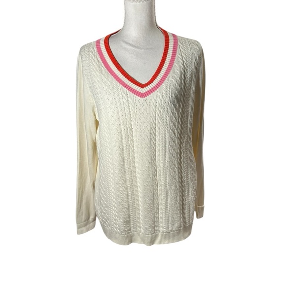 Talbots Pointelle Cream V-Neck Sweater with Pink Trim - Picture 3 of 11